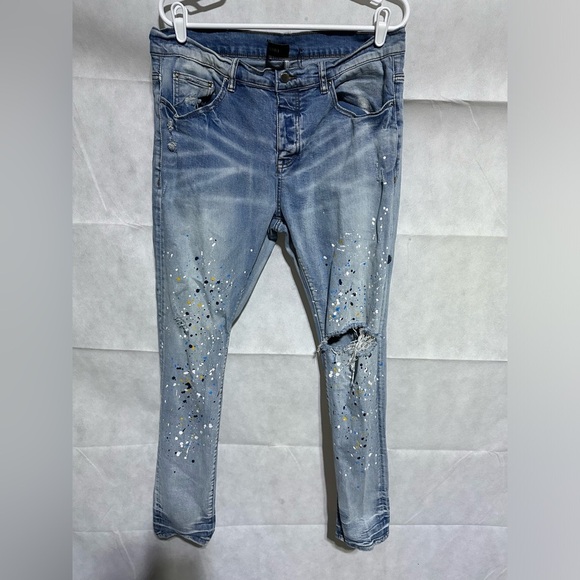 AMIRI Paint Splatter Distressed Blue Denim Jeans Ripped Men's Size 34 MSRP $1090 - Picture 1 of 5